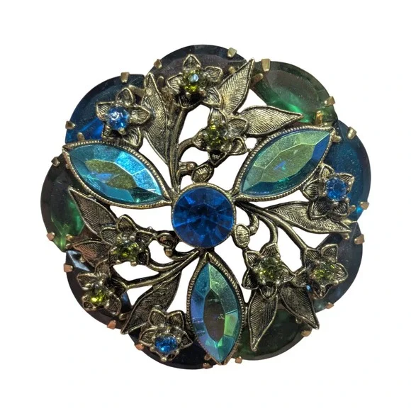 Vintage Floral Wreath Brooch Blue Green Crystal Gold Tone Botanical Pin 1.75" - Picture 2 of 6